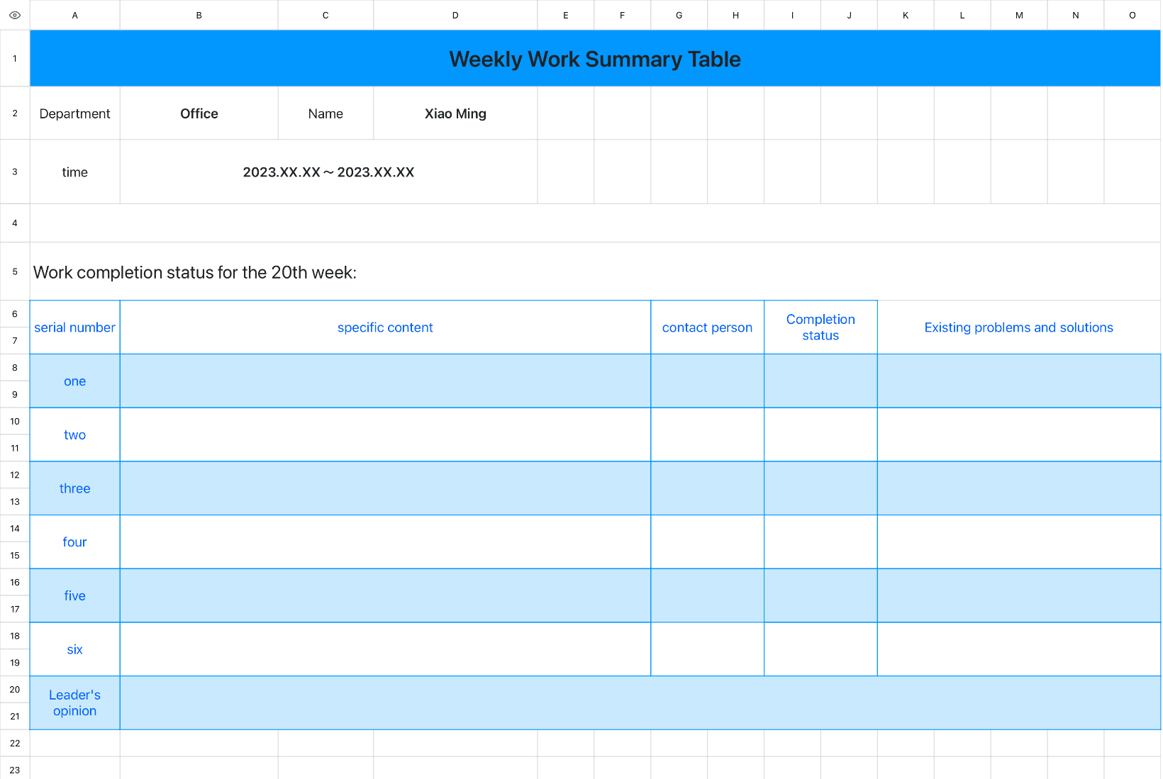 Weekly Work Summary Table